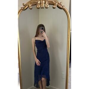 Vintage Y2K 90s California Concepts Blue Black Floral Glitter Flowy Dress